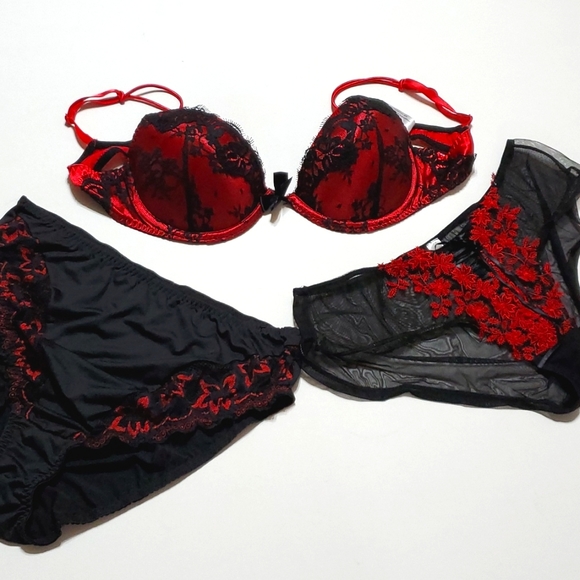 Bra & (2) Panty Set Sizes 38C/1x Red & Blk Lace By Delicates - Picture 3 of 17